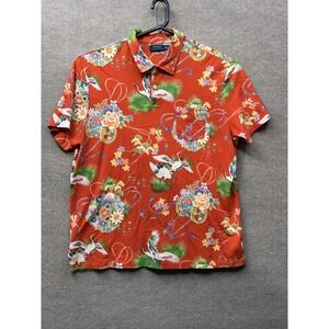 Polo Ralph Lauren Shirt Mens 2XL Orange Floral Hawaiian Button Up Cotton